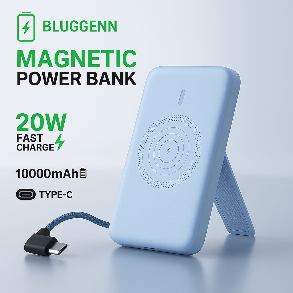 BLUGGENN Magnetic Power Bank – 10000mAh | 20W Fast Charge | Type-C